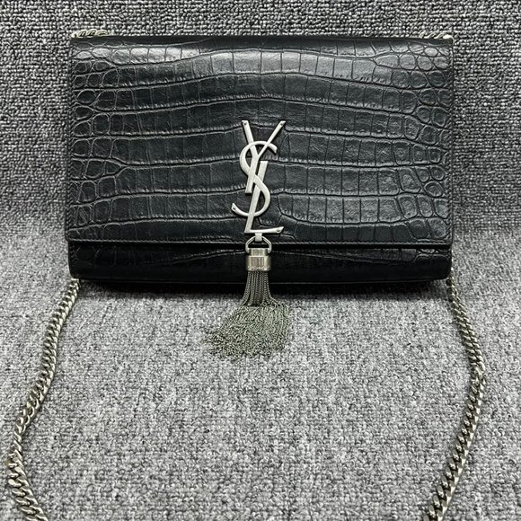 Yves Saint Laurent Handbags - Saint Laurent Monogram Kate Croc Tassel Medium Black Calfskin Leather Cross Body